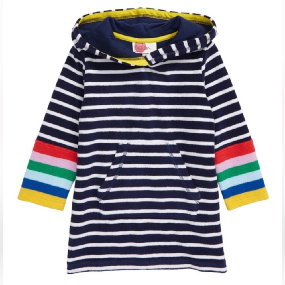 Mini Boden Hooded Towel Swim Cover Up Navy White Stripe Rainbow Cuff Size 7 8